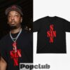 21 Savage In NYC SINN Red Sin Cross Typography T-Shirt