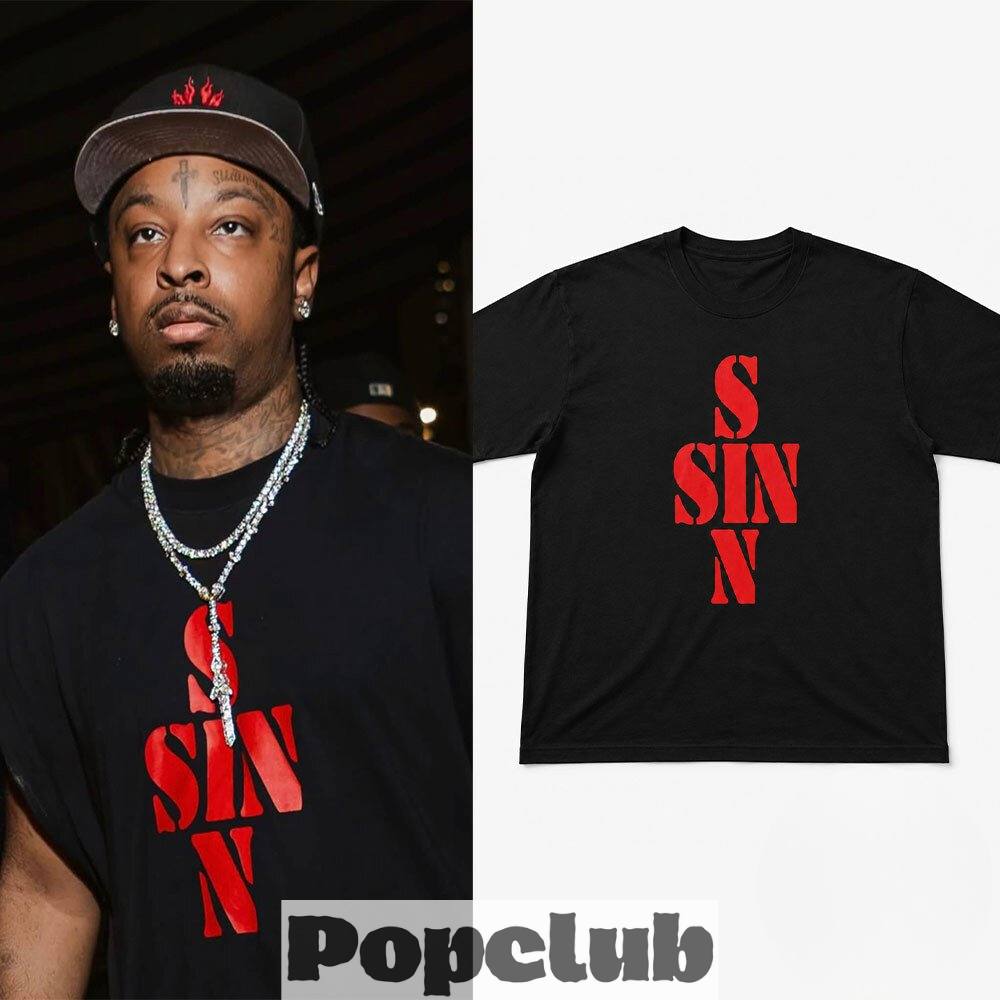 21 Savage In NYC SINN Red Sin Cross Typography T-Shirt 21 Savage In NYC SINN Red Sin Cross Typography T-Shirt