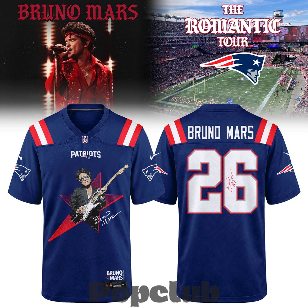 New England Patriots x Bruno Mars – The Romantic Tour 2026 Football Jersey New England Patriots x Bruno Mars – The Romantic Tour 2026 Football Jersey