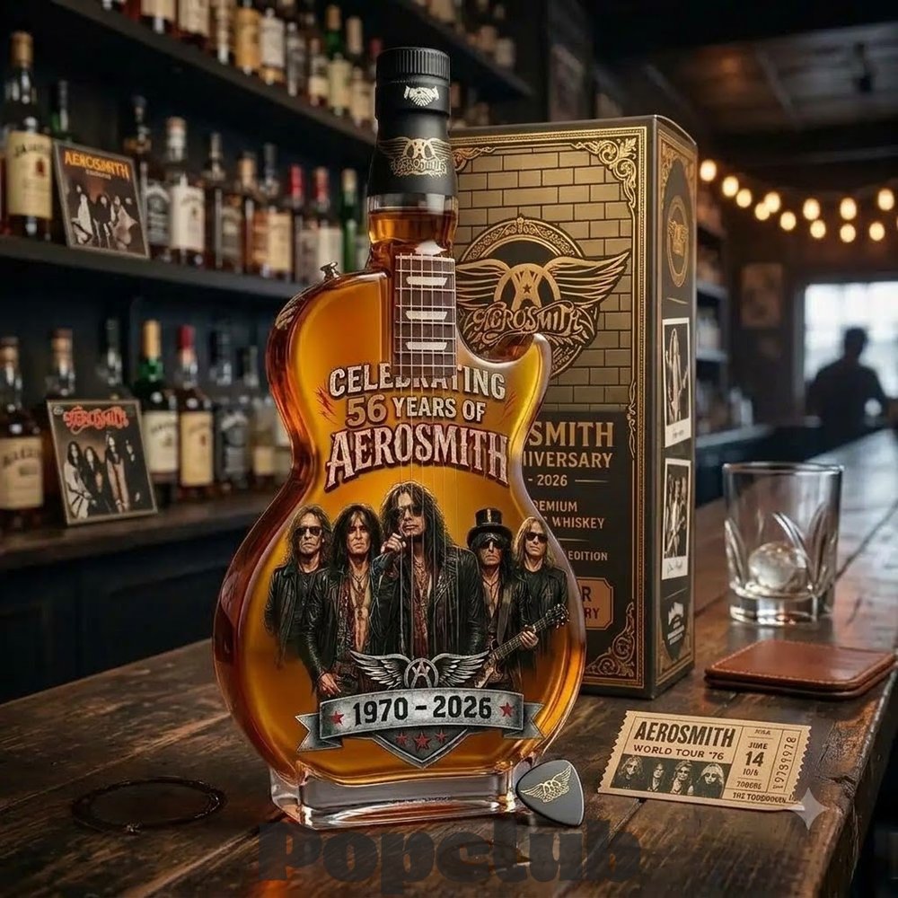 Aerosmith 56th Anniversary 1970 – 2026 Guitar Whiskey Bottle Aerosmith 56th Anniversary 1970 – 2026 Guitar Whiskey Bottle