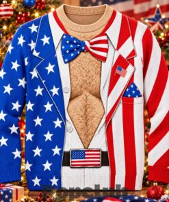 American Flag Hairy Chest Tuxedo Ugly Christmas Sweater