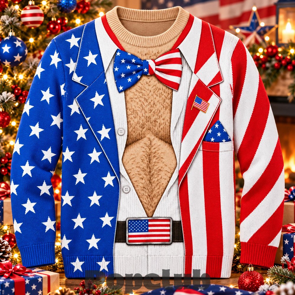 American Flag Hairy Chest Tuxedo Ugly Christmas Sweater American Flag Hairy Chest Tuxedo Ugly Christmas Sweater