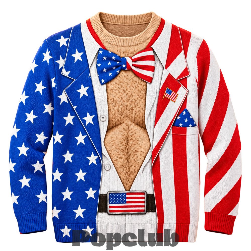 American Flag Hairy Chest Tuxedo Ugly Christmas Sweater American Flag Hairy Chest Tuxedo Ugly Christmas Sweater