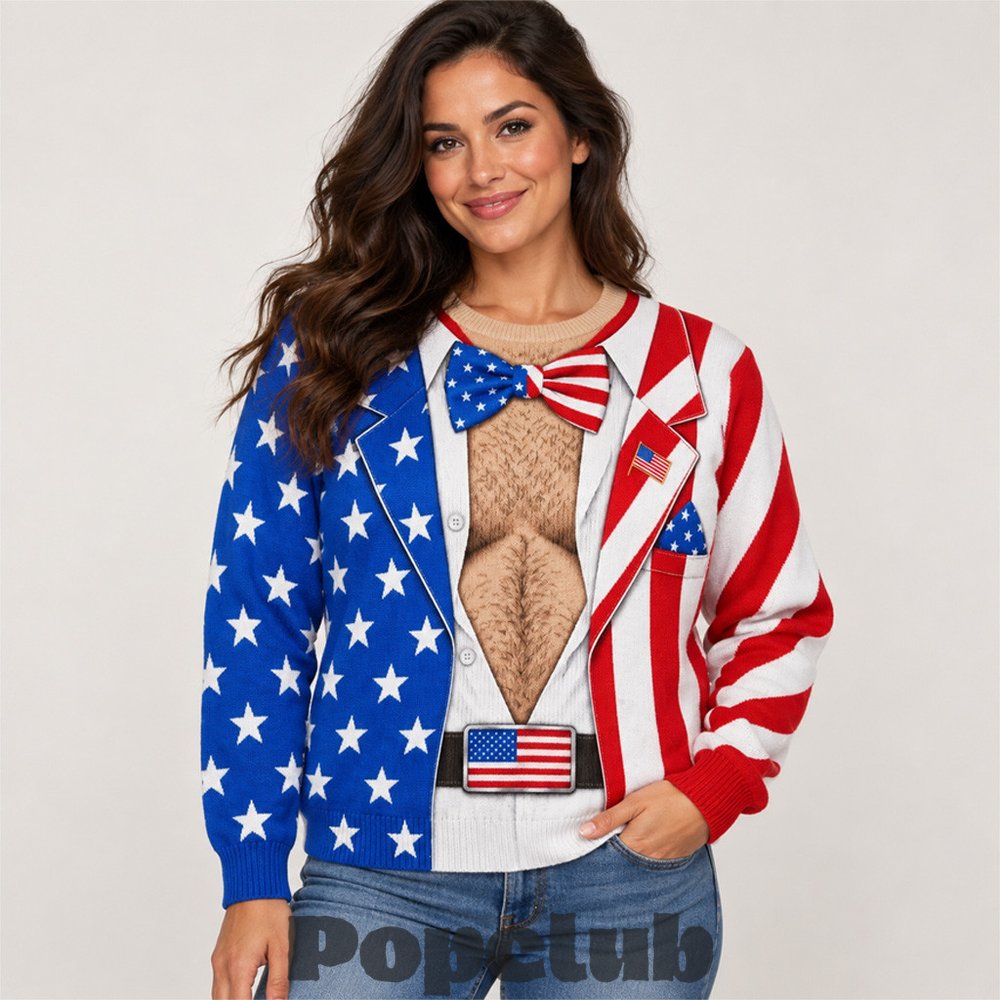 American Flag Hairy Chest Tuxedo Ugly Christmas Sweater American Flag Hairy Chest Tuxedo Ugly Christmas Sweater
