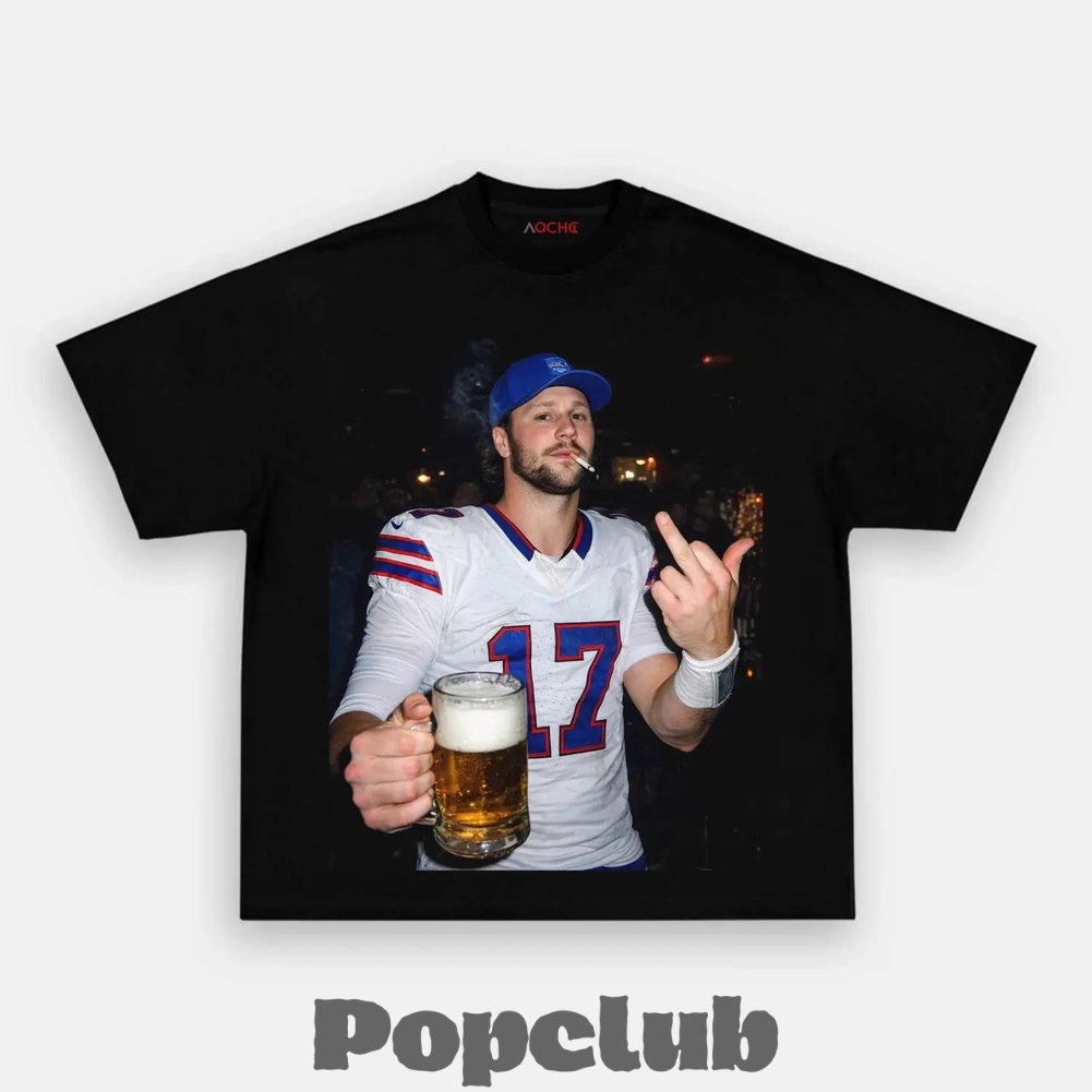 Buffalo Bills Josh Allen Drinking & Middle Finger T-Shirt Buffalo Bills Josh Allen Drinking & Middle Finger T-Shirt