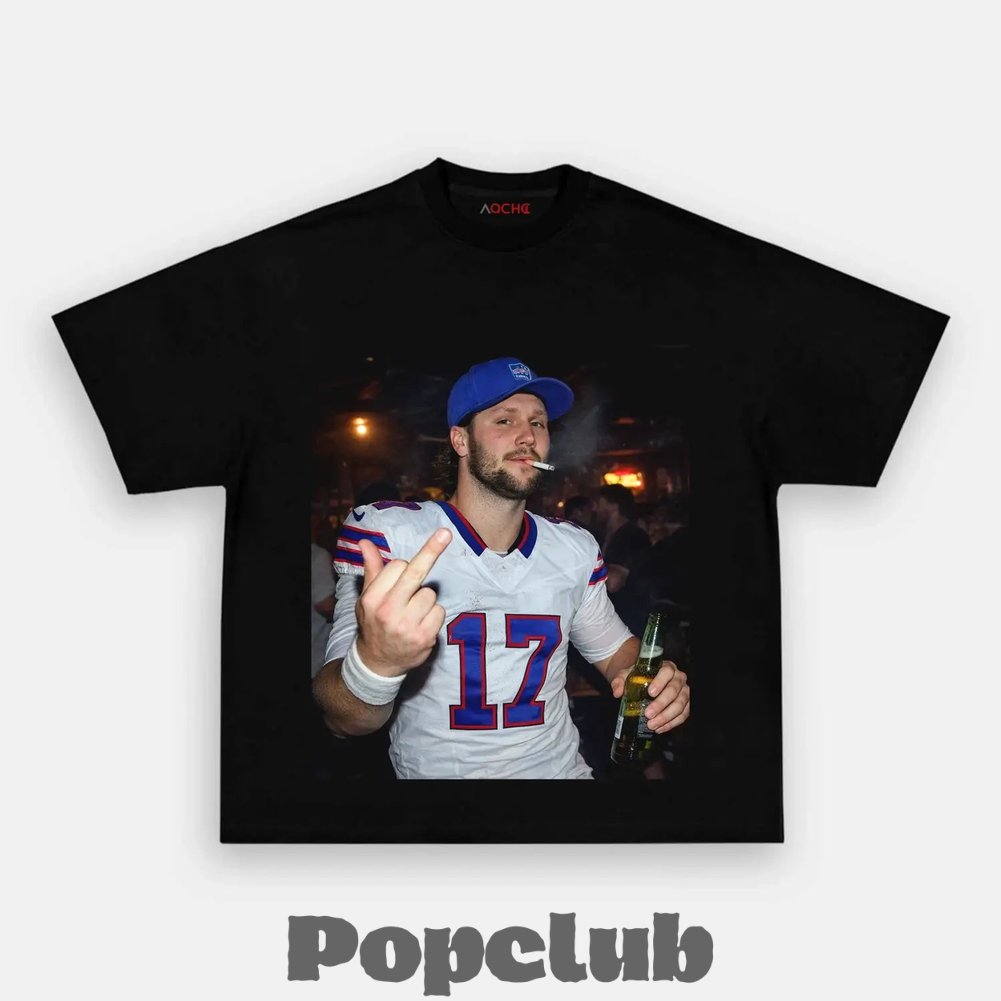 Buffalo Bills Josh Allen Drinking & Middle Finger T-Shirt Buffalo Bills Josh Allen Drinking & Middle Finger T-Shirt