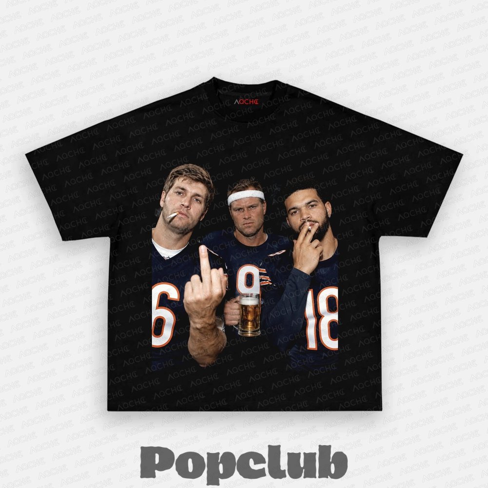Chicago Bears Jay Cutler, Jim McMahon & Caleb Williams Drinking & Middle Finger T-Shirt Chicago Bears Jay Cutler, Jim McMahon & Caleb Williams Drinking & Middle Finger T-Shirt