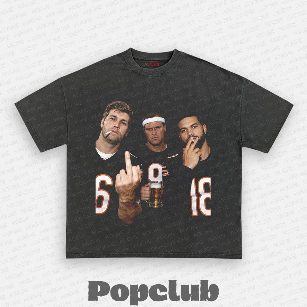 Chicago Bears Jay Cutler, Jim McMahon & Caleb Williams Drinking & Middle Finger T-Shirt Chicago Bears Jay Cutler, Jim McMahon & Caleb Williams Drinking & Middle Finger T-Shirt