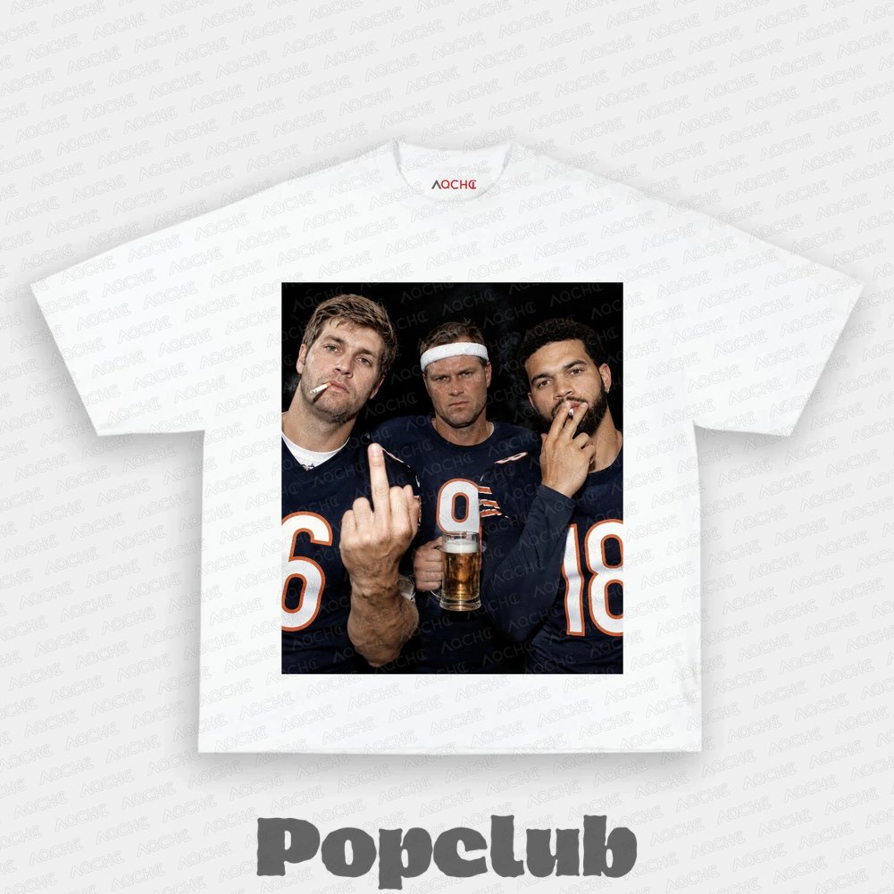Chicago Bears Jay Cutler, Jim McMahon & Caleb Williams Drinking & Middle Finger T-Shirt Chicago Bears Jay Cutler, Jim McMahon & Caleb Williams Drinking & Middle Finger T-Shirt