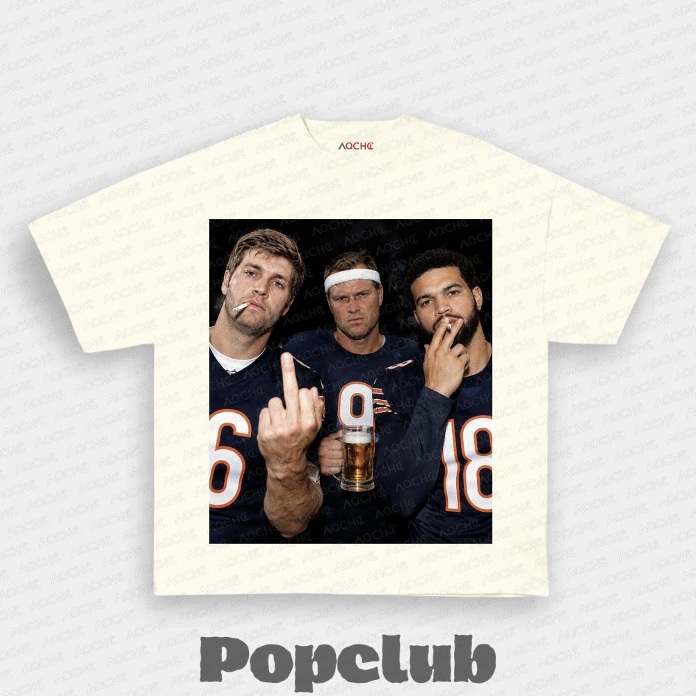 Chicago Bears Jay Cutler, Jim McMahon & Caleb Williams Drinking & Middle Finger T-Shirt Chicago Bears Jay Cutler, Jim McMahon & Caleb Williams Drinking & Middle Finger T-Shirt