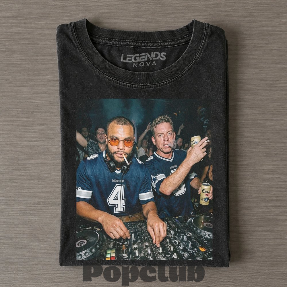 Dallas Cowboys Dak Prescott & Troy Aikman DJing & Drinking T-Shirt Dallas Cowboys Dak Prescott & Troy Aikman DJing & Drinking T-Shirt