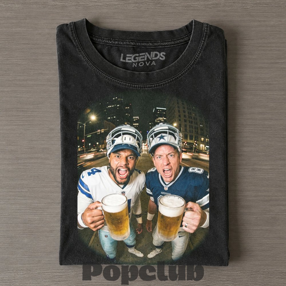 Dallas Cowboys Dak Prescott & Troy Aikman DJing & Drinking T-Shirt Dallas Cowboys Dak Prescott & Troy Aikman DJing & Drinking T-Shirt