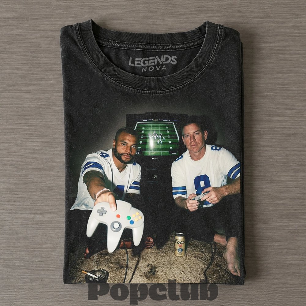 Dallas Cowboys Dak Prescott & Troy Aikman Playing Video Games & Drinking T-Shirt Dallas Cowboys Dak Prescott & Troy Aikman Playing Video Games & Drinking T-Shirt