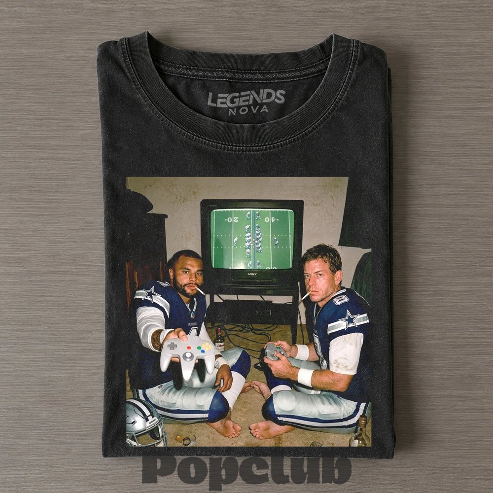 Dallas Cowboys Dak Prescott & Troy Aikman Playing Video Games & Drinking T-Shirt Dallas Cowboys Dak Prescott & Troy Aikman Playing Video Games & Drinking T-Shirt