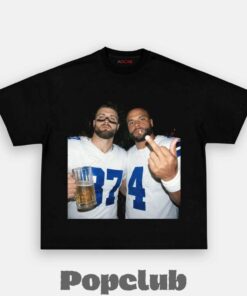 Dallas Cowboys Jake Ferguson & Dak Prescott Drinking & Middle Finger T-Shirt