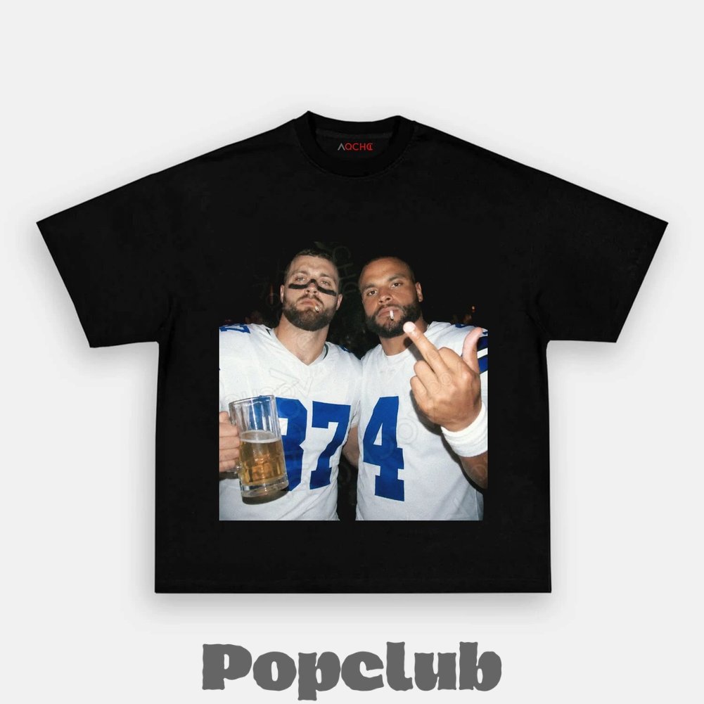 Dallas Cowboys Jake Ferguson & Dak Prescott Drinking & Middle Finger T-Shirt Dallas Cowboys Jake Ferguson & Dak Prescott Drinking & Middle Finger T-Shirt
