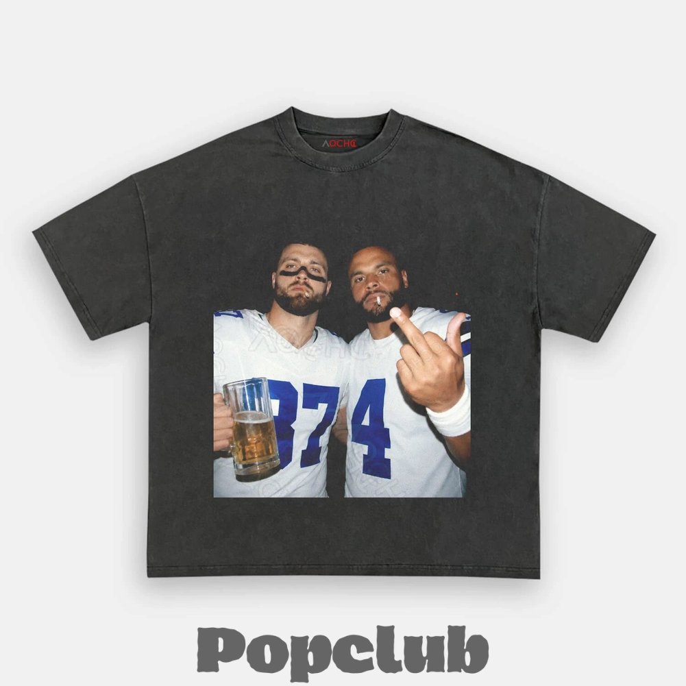 Dallas Cowboys Jake Ferguson & Dak Prescott Drinking & Middle Finger T-Shirt Dallas Cowboys Jake Ferguson & Dak Prescott Drinking & Middle Finger T-Shirt