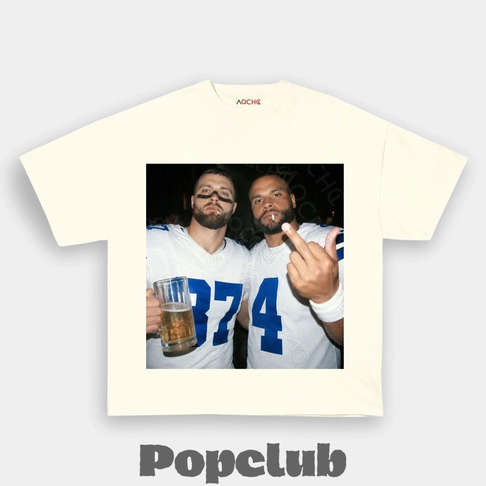 Dallas Cowboys Jake Ferguson & Dak Prescott Drinking & Middle Finger T-Shirt Dallas Cowboys Jake Ferguson & Dak Prescott Drinking & Middle Finger T-Shirt