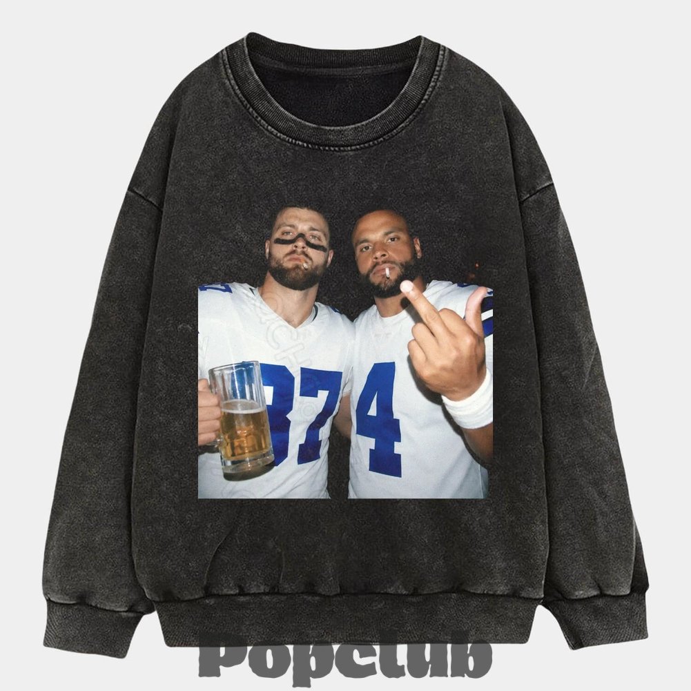 Dallas Cowboys Jake Ferguson & Dak Prescott Drinking & Middle Finger T-Shirt Dallas Cowboys Jake Ferguson & Dak Prescott Drinking & Middle Finger T-Shirt
