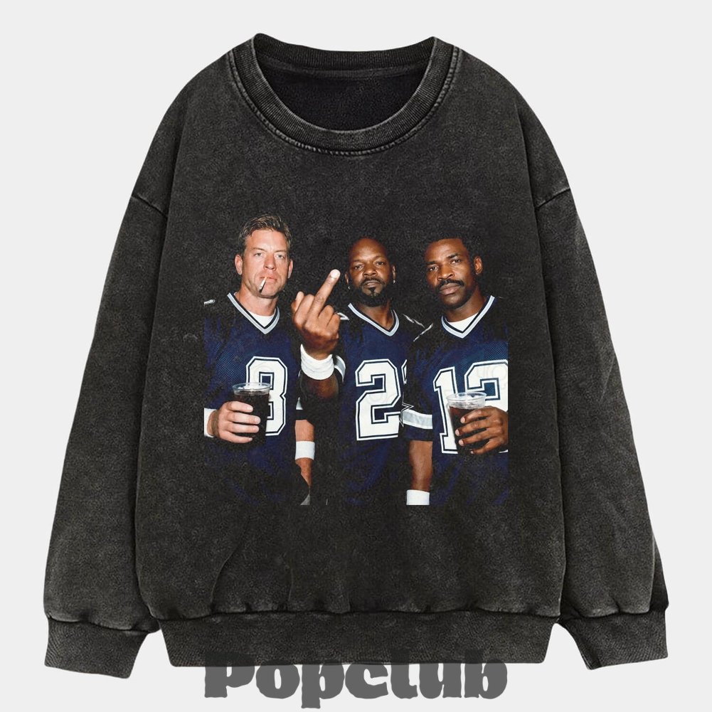 Dallas Cowboys Troy Aikman, Emmitt Smith & Michael Irvin Drinking & Middle Finger T-Shirt Dallas Cowboys Troy Aikman, Emmitt Smith & Michael Irvin Drinking & Middle Finger T-Shirt