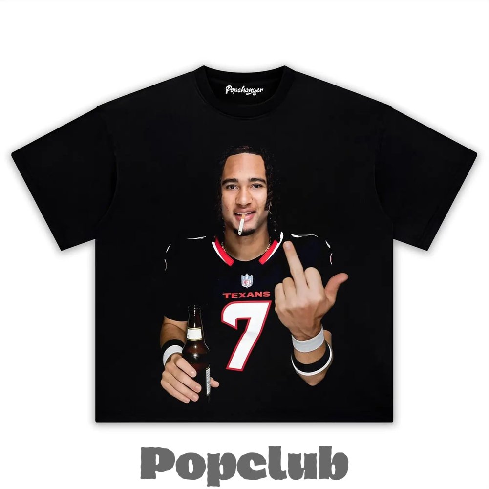 Houston Texans C.J. Stroud Drinking & Middle Finger T-Shirt Houston Texans C.J. Stroud Drinking & Middle Finger T-Shirt