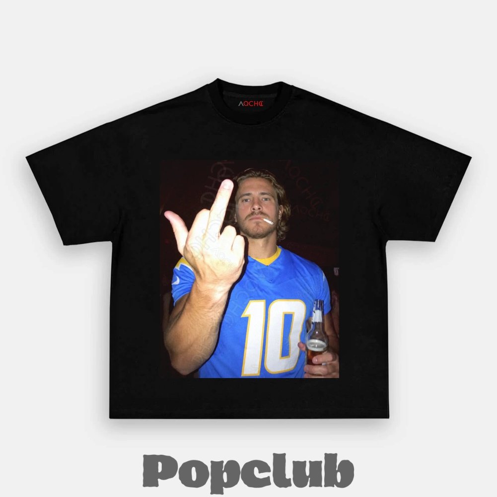 Los Angeles Chargers Justin Herbert Drinking & Middle Finger T-Shirt Los Angeles Chargers Justin Herbert Drinking & Middle Finger T-Shirt