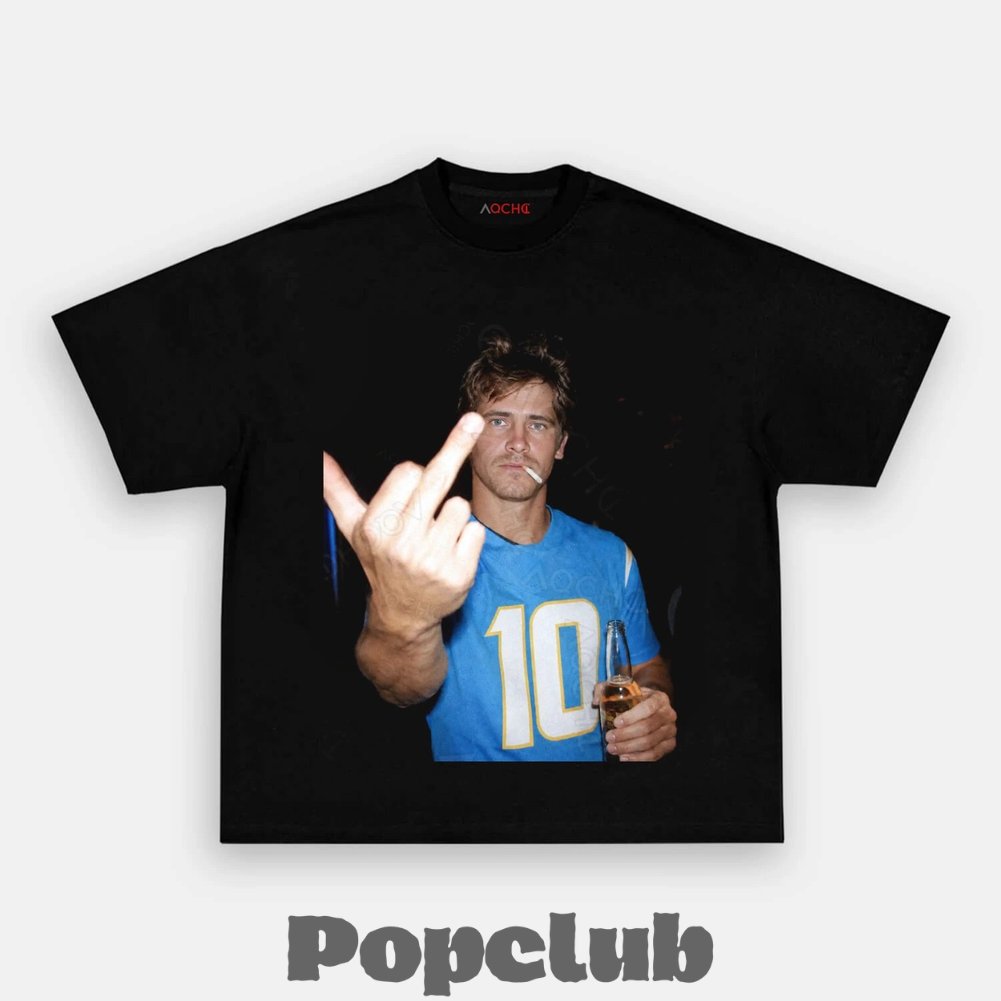 Los Angeles Chargers Justin Herbert Drinking & Middle Finger T-Shirt Los Angeles Chargers Justin Herbert Drinking & Middle Finger T-Shirt