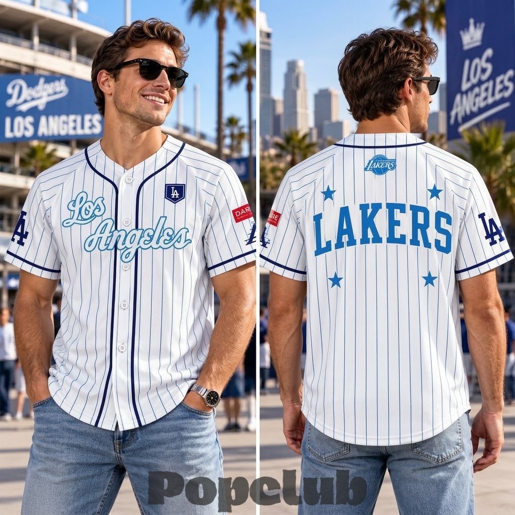 Los Angeles Dodgers x Lakers White Pinstripe Baseball Jersey Los Angeles Dodgers x Lakers White Pinstripe Baseball Jersey