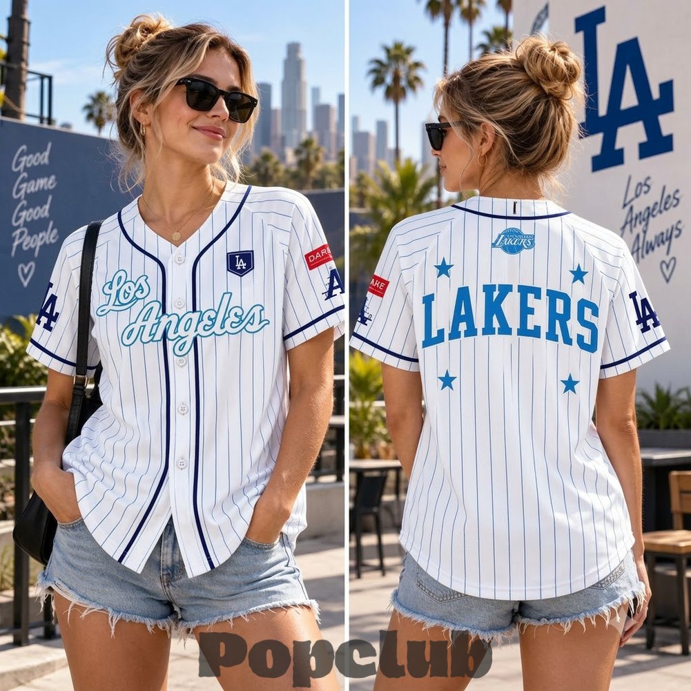 Los Angeles Dodgers x Lakers White Pinstripe Baseball Jersey Los Angeles Dodgers x Lakers White Pinstripe Baseball Jersey
