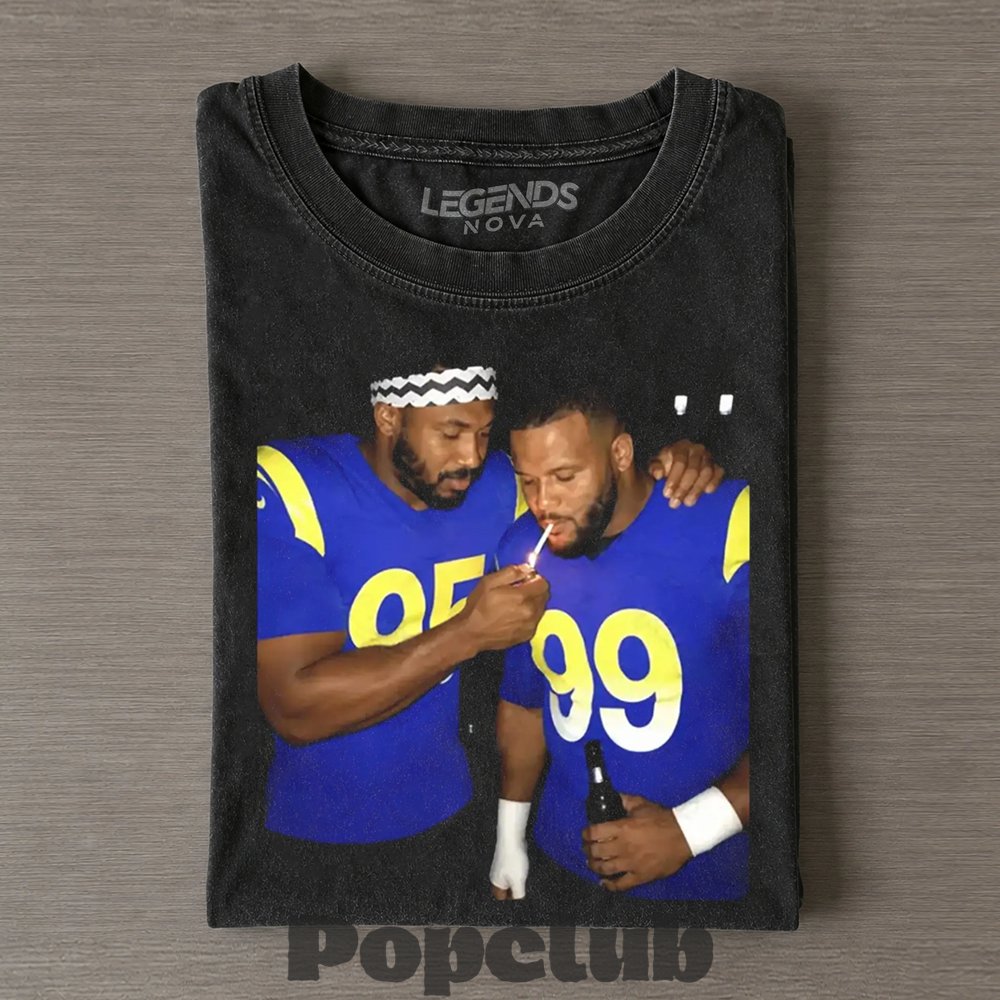 Los Angeles Rams Myles Garrett & Aaron Donald Smoking & Drinking T-Shirt Los Angeles Rams Myles Garrett & Aaron Donald Smoking & Drinking T-Shirt