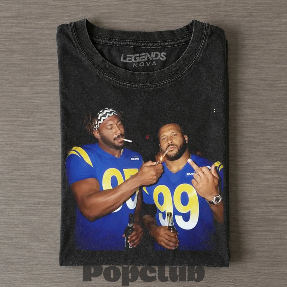 Los Angeles Rams Myles Garrett & Aaron Donald Smoking & Drinking T-Shirt Los Angeles Rams Myles Garrett & Aaron Donald Smoking & Drinking T-Shirt