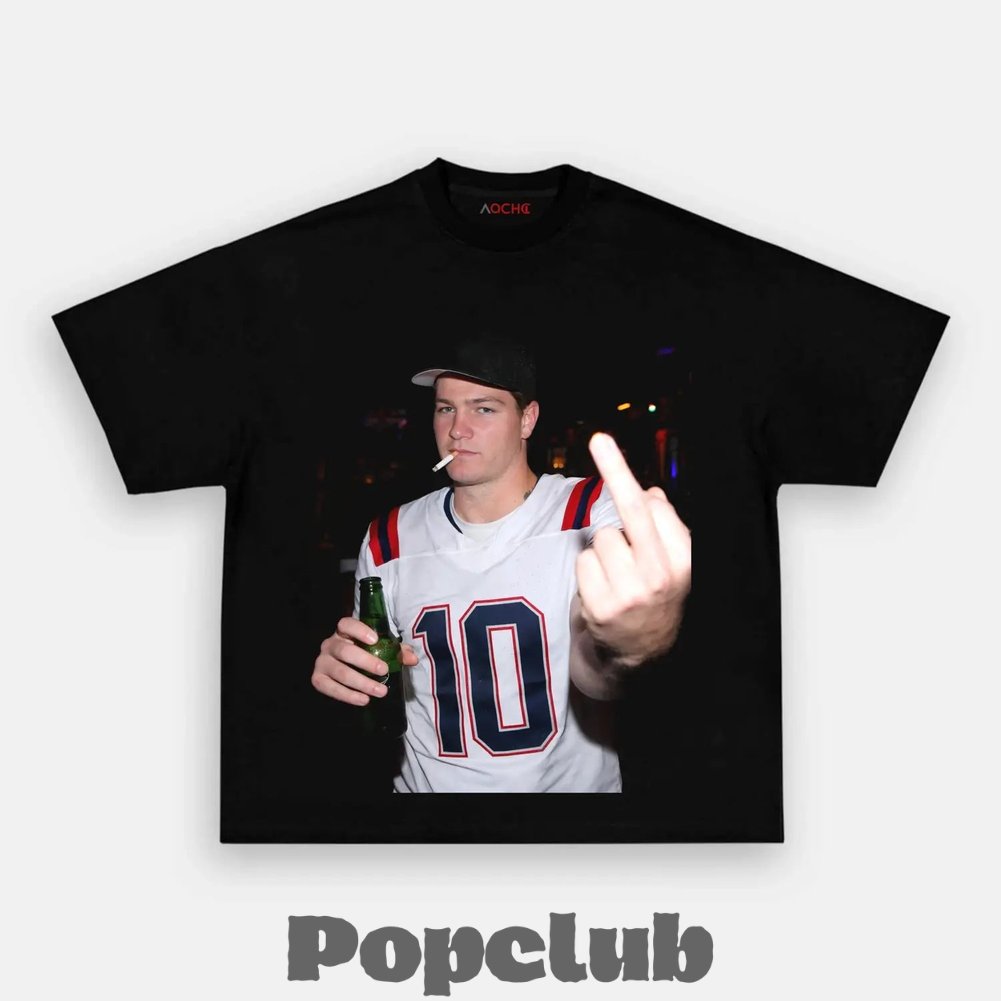 New England Patriots Drake Maye Drinking & Middle Finger T-Shirt New England Patriots Drake Maye Drinking & Middle Finger T-Shirt