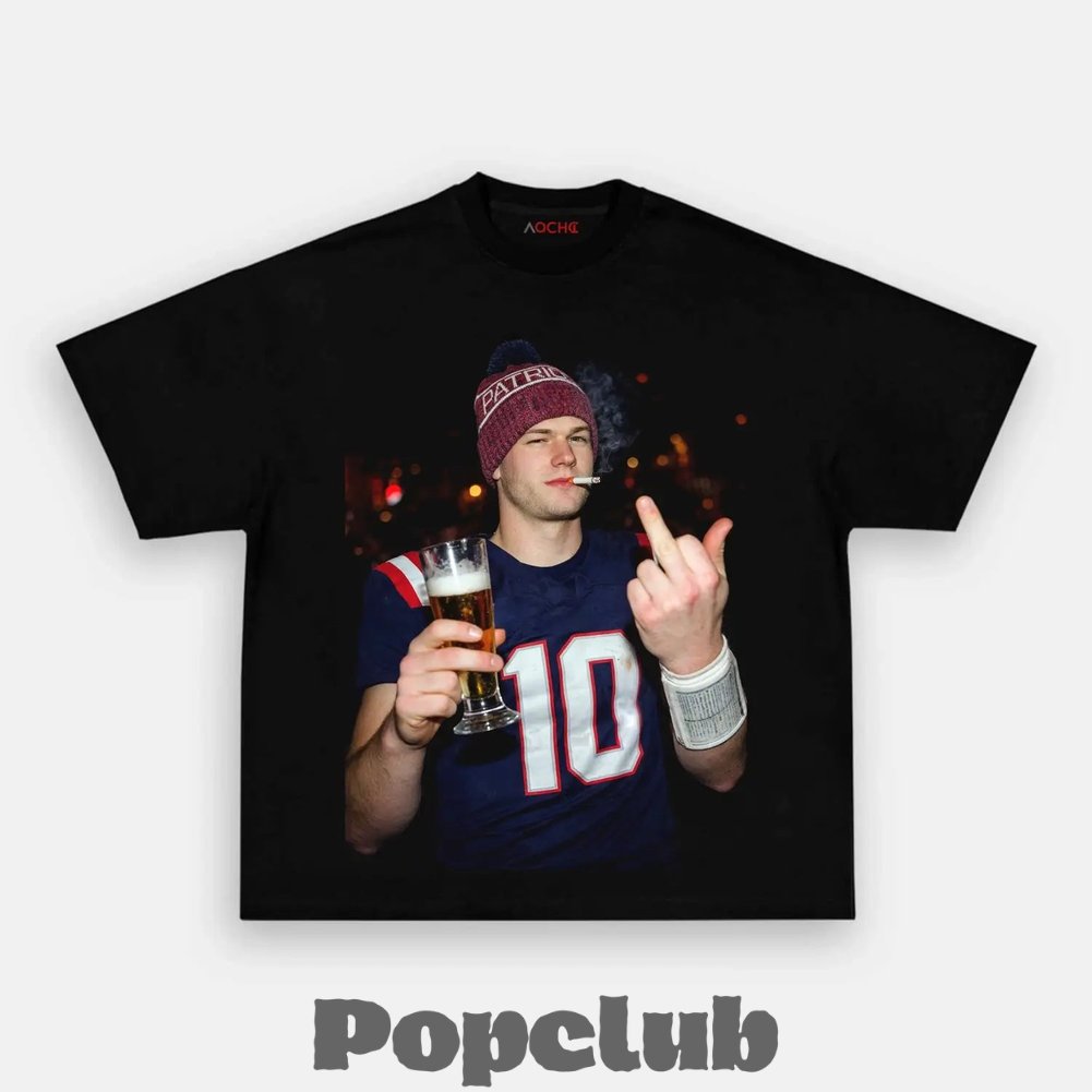 New England Patriots Drake Maye Drinking & Middle Finger T-Shirt New England Patriots Drake Maye Drinking & Middle Finger T-Shirt