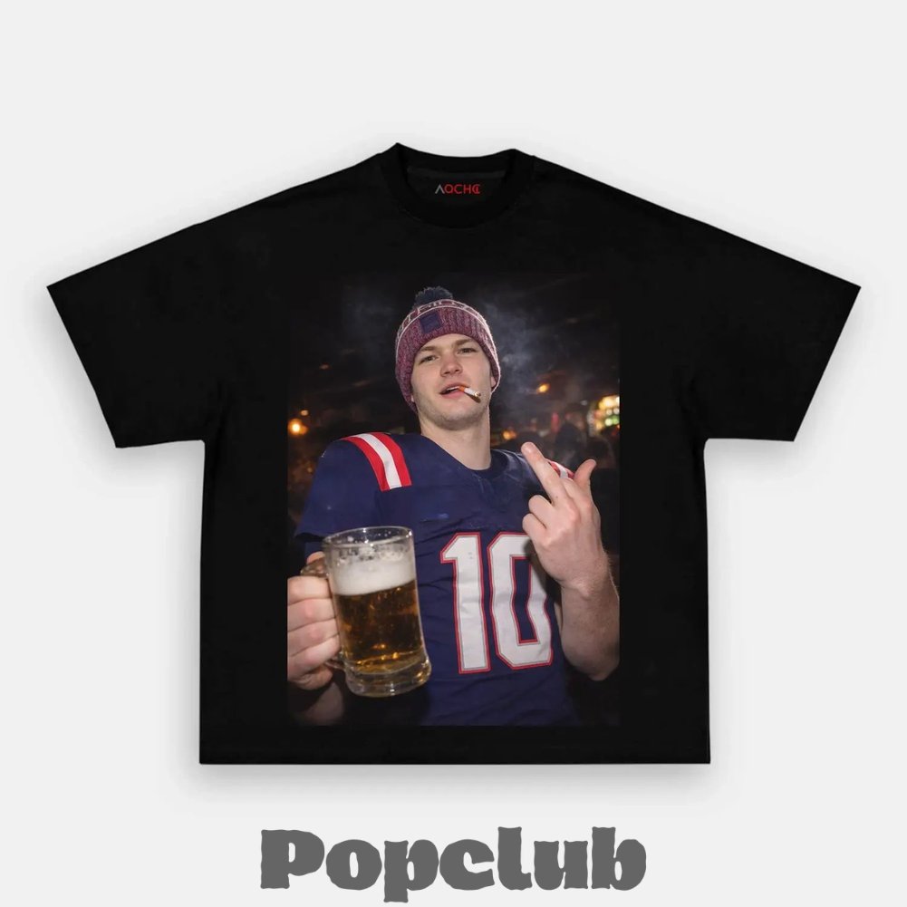 New England Patriots Drake Maye Drinking & Middle Finger T-Shirt New England Patriots Drake Maye Drinking & Middle Finger T-Shirt