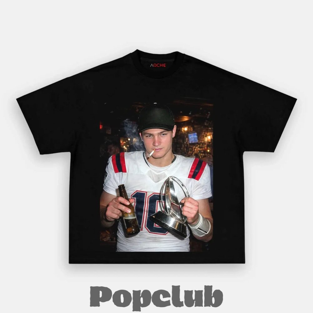 New England Patriots Drake Maye Drinking & Middle Finger T-Shirt New England Patriots Drake Maye Drinking & Middle Finger T-Shirt
