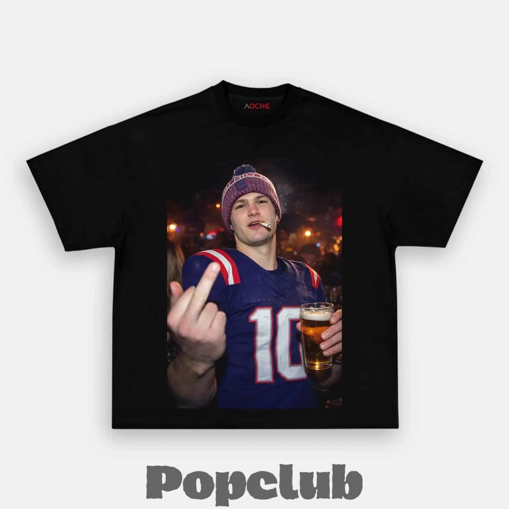 New England Patriots Drake Maye Drinking & Middle Finger T-Shirt New England Patriots Drake Maye Drinking & Middle Finger T-Shirt