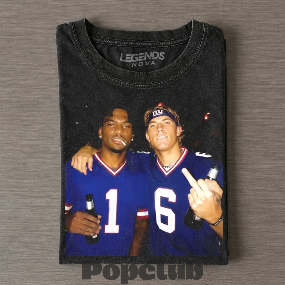 New York Giants Malik Nabers & Russell Wilson Drinking & Middle Finger T-Shirt New York Giants Malik Nabers & Russell Wilson Drinking & Middle Finger T-Shirt