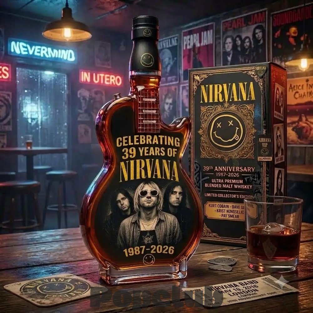 Nirvana Rock Band 39th Anniversary 1987-2026 Guitar Whiskey Bottle Nirvana Rock Band 39th Anniversary 1987-2026 Guitar Whiskey Bottle